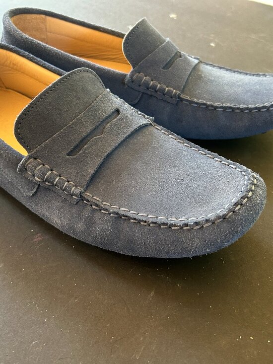 G Brown, handmade blue suede drivers, leather lined, size 11 narrow